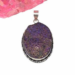Titanium Druzy Necklace Pendant 925 Sterling Silver Overlay Aura Iridescent